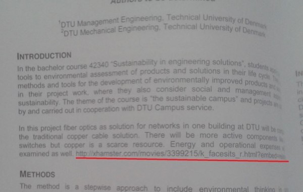 丹麥科技大學一份關於光纖科技的講義中，卻被學生發現暗藏一個成人網站的網址。（圖擷取自deathandtaxes）