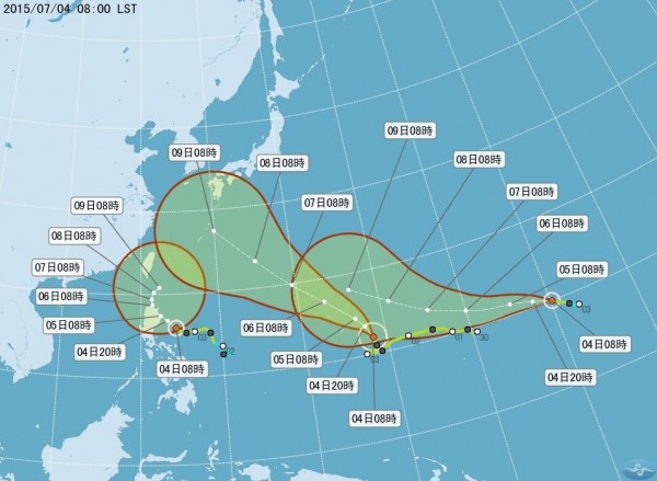 氣象局表示，太平洋前有3個颱風存在，左起為蓮花、昌鴻及今天凌晨剛生成的南卡。（氣象局提供）