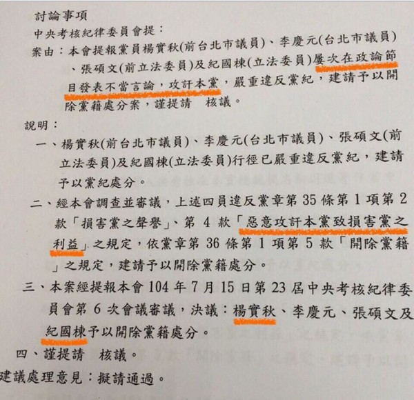 國民黨今開鍘紀國棟、張碩文、楊實秋、李慶元及李柏融等5人，而網友稍早在網路上公布國民黨考紀會的提案單。（圖擷取自PPT）
