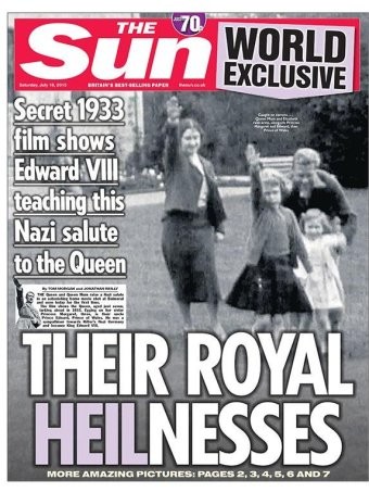 英國太陽報以黑白照片作為頭版，照片中顯示出約6歲的伊莉莎白二世對著鏡頭做出納粹敬禮手勢。（圖片擷取自太陽報）