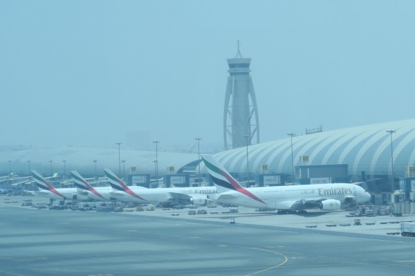 阿聯酋航空擁有多架A380客機，停駛在杜拜國際機場。（記者甘芝萁攝）