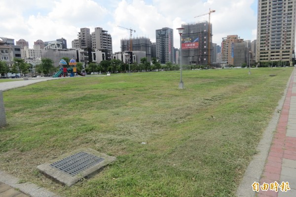 西屯西大墩公園只有草地沒有樹木。（記者蘇金鳳攝）