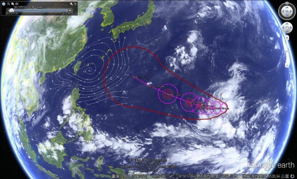 氣象專家彭啟明引用google earth說明蘇迪勒颱風路徑。（圖擷取自彭啟明臉書）