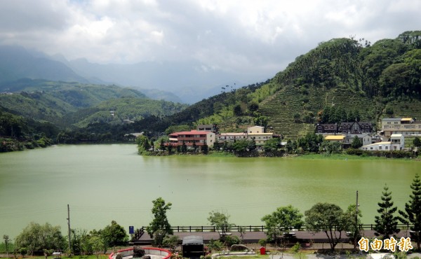 南投縣鹿谷麒麟潭呈現綠油油優養化奇景。（記者謝介裕攝）