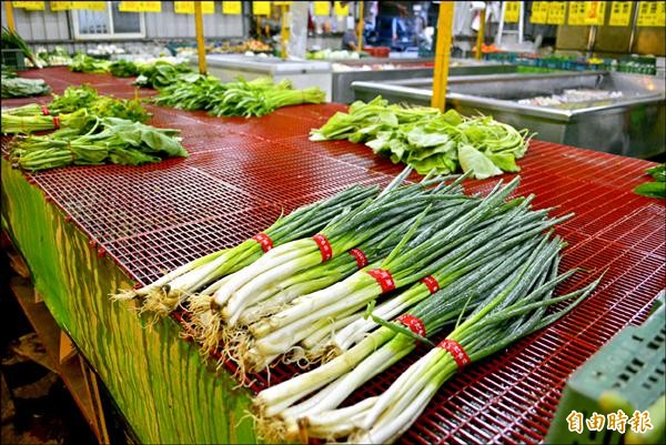 青蔥產地價飆漲，連帶使得市場零售價上漲，菜販說：「看的人多，但買不下手！」（記者湯世名攝）