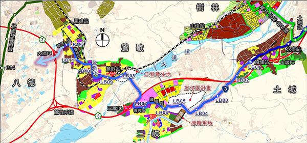 捷運三鶯線沿線都市計畫區示意圖。（新北市政府城鄉局提供）