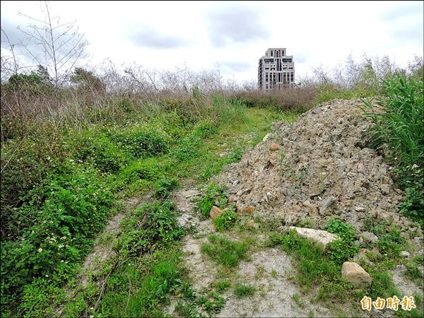 配水池預定地遠看是小山丘，上面長滿野草，並無異狀，但走近一看，可以清楚看見部分土堆中裸露出營建廢棄物。（資料照，記者劉力仁攝）