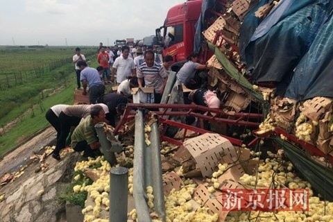 中國一輛載小雞的貨車翻覆，附近居民竟至現場抓小雞。（圖擷取自《新京報》）