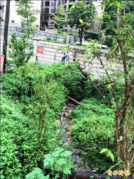 野溪沖刷路基，危及民宅居民心驚。（記者林欣漢攝）