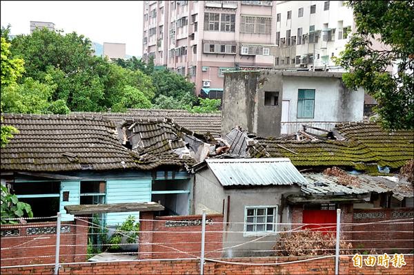 龜山區憲光二村被桃園市文化局列為歷史建築，但疏於維護，多處房子屋頂坍陷，雜草叢生，野狗聚集，更遭濫倒垃圾，如同廢墟。（記者邱奕統攝）