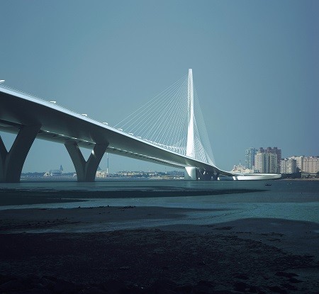 淡江大橋預計105年12月動工、109年完工通車。圖為淡江大橋完工模擬圖。（交通部公路總局提供）