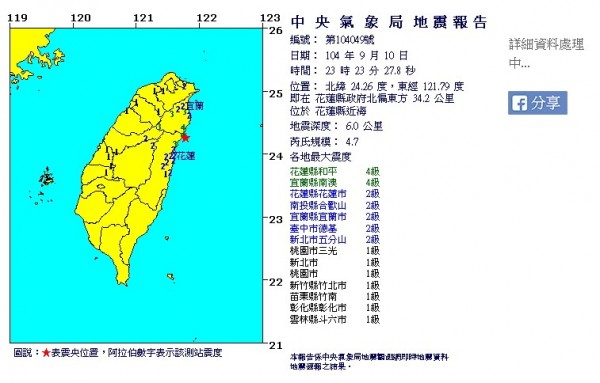 中央氣象局公佈地震資料。（畫面擷自中央氣象局網站）