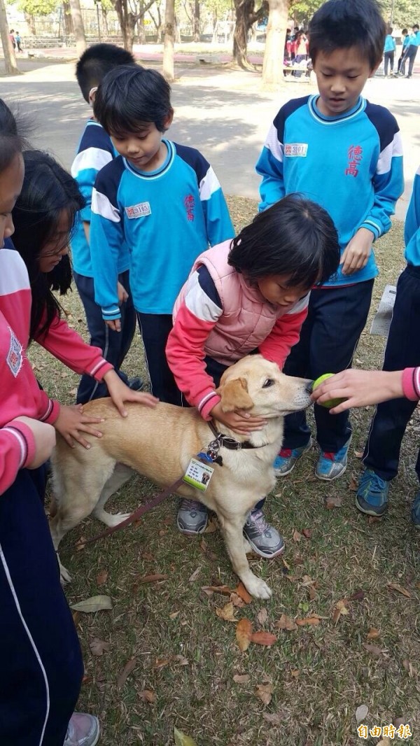 流浪犬拉拉和學童互動親密，成為最佳的輔導老師。（資料照，記者黃文鍠攝）