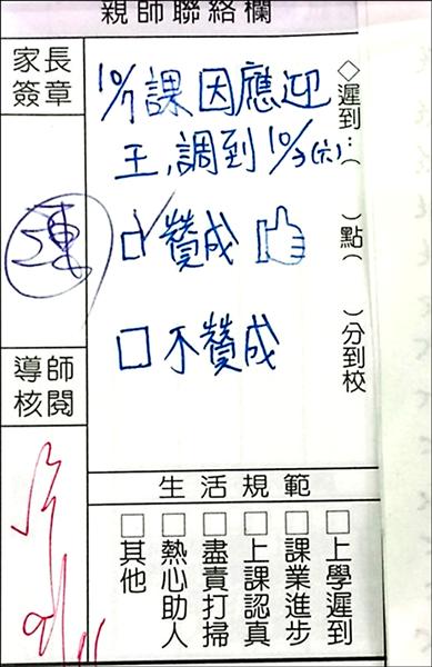 逾九成家長贊成調課，還有家在聯絡簿上畫上「讚」。（東港高中提供）