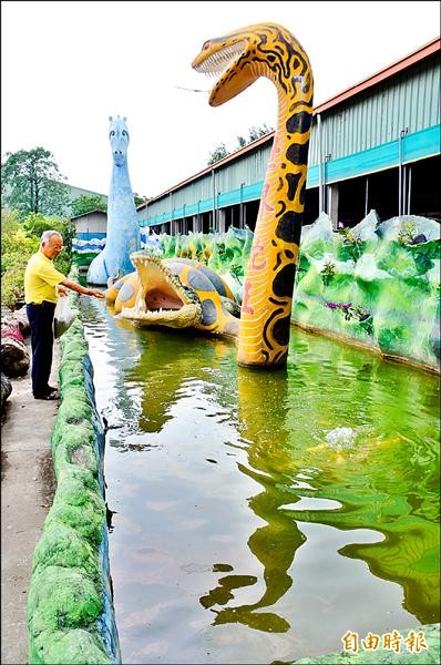 世界蛇王教育農場開放造景生態池自養的大肚魚讓民眾撈取，協助登革熱防疫。（記者吳俊鋒攝）