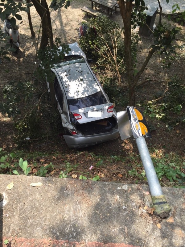 轎車衝破護欄摔落日月潭朝霧碼頭邊坡，幸好車上父子僅受到輕傷。。（記者劉濱銓翻攝）