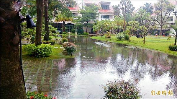 大雨過後豪宅社區積水嚴重，被質疑清理維護出現問題。（記者葉永騫攝）