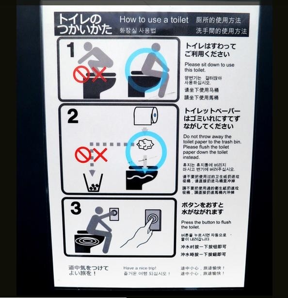 日本車站廁所的隔間內自從貼出以日、英、韓、簡中與繁中所寫的使用指南後，髒亂情況已明顯改善。（摘自網路）