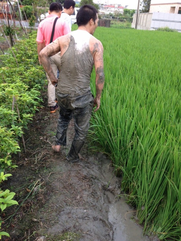 劉嫌跳到水田逃竄，渾身泥濘狼狽遭逮。（記者許國楨翻攝）