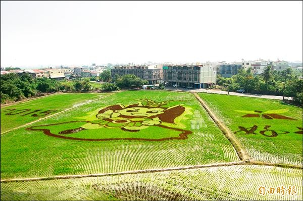 台南好米季將登場，彩繪稻田圖案以三太子人偶為主體，目前已現雛形。（記者王涵平攝）