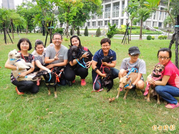 流浪傷殘犬Lucky（左2）與5隻同伴搭機赴加拿大，由當地動物保護團體接手展開新生。（記者黃旭磊攝）