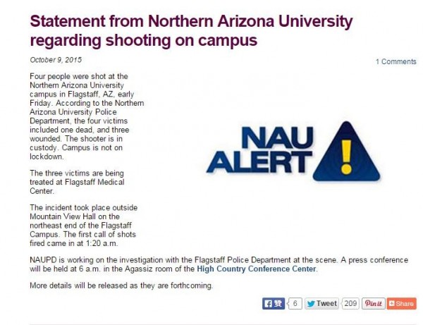 北亞利桑那大學隨後也針對槍擊事件發出聲明稿。（圖擷取自北亞利桑那大學）