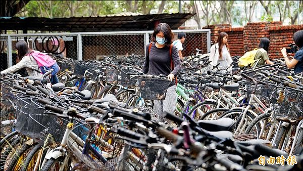 成功大學開放學生認領無主的回收自行車，十二日開放第一天中午就被搶光。（記者王俊忠攝）