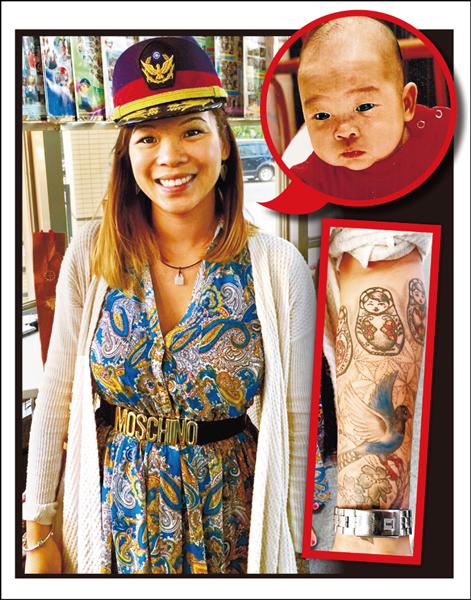 王萼波（Larissa）手臂刺有台灣藍鵲及代表媽媽、妹妹與她的3個俄羅斯娃娃。（記者吳仁捷翻攝）