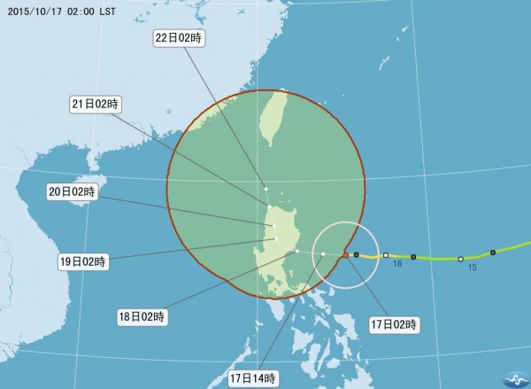 中央氣象局指出，24號中度颱風巨爵目前往西朝菲律賓移動，但會在呂宋島一帶減速、北轉，屆時可能直接影響台灣。（圖擷取自中央氣象局官網）