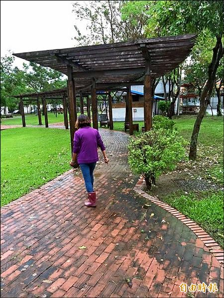 嘉市劉厝二號公園紅磚步道，因沈土淤積加上孔隙大，易長青苔，曾有長者不小心滑倒。（記者丁偉杰攝）