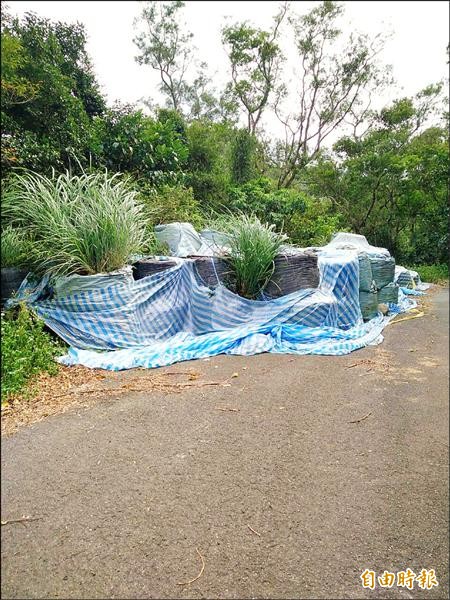 三峽弘道里福德坑溪水源頭附近，遭棄置大量太空包，因被地檢署當成證物，兩年來皆無人可移置，引發民怨。（記者張安蕎攝）