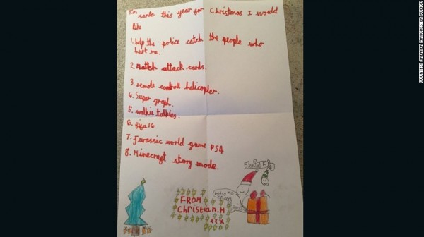 英國有位7歲小男孩寫給耶誕老人的願望清單上，第1點竟是要耶誕老公公「幫助警方抓到傷害過我的人」！（《圖擷自《CNN》》）