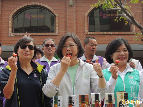 蔡英文訪大湖酒莊，吃草莓喝草莓淡酒，提農業政策。（記者蔡政珉攝）