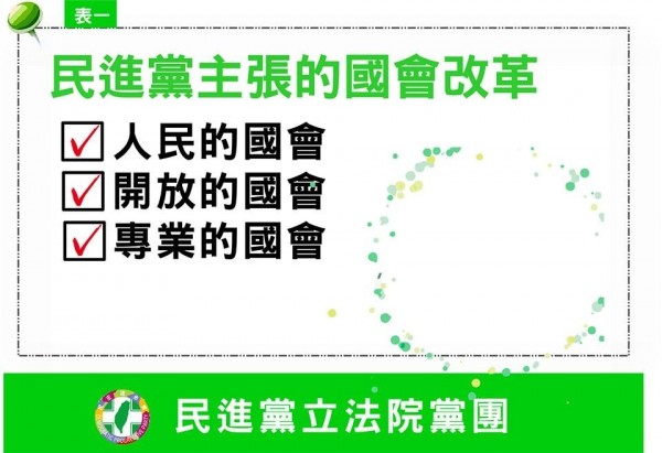 立法院民進黨團為解釋黨團對於國會改革之立場，今推出「國會改革懶人包」，揭示民進黨的國會改革有3大面向：人民的國會、開放的國會、專業的國會。（記者曾韋禎翻攝）