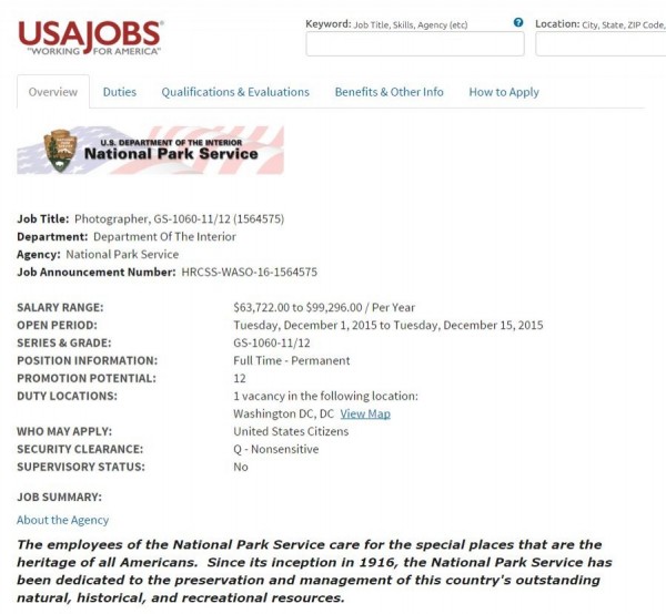 美國國家公園管理局釋出國家公園攝影師的工作。（圖擷自USAJOBS網站）