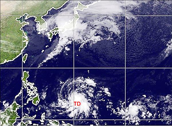 氣象學者吳德榮說，衛星圖顯示，關島南南西方熱帶性低氣壓持續發展中，未來兩、三天有機會被命名，成為第27號颱風。鋒面已移至日本南部向西南延伸。台灣受東北風影響，迎風面有較多的低雲，北海岸、東半部有局部零星降雨。（翻攝吳德榮老大洩天機專欄）