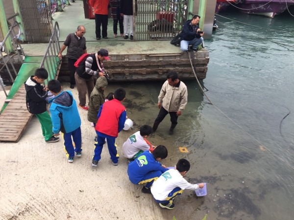 石門水庫鄰近的石門、大溪國小學童到石門水庫阿姆坪生態公園碼頭放養魚苗。（北水局提供）