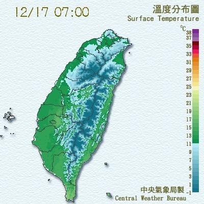 強烈大陸冷氣團發威，淡水今晨約7點半出現11.0度低溫。（中央氣象局提供）