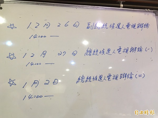 總統大選辯論終於底定，總統與副總統辯論會將分三場，分別於12月26日下午2點率先舉辦副總統候選人電視辯論。（記者蘇宇暉攝）