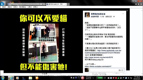 流浪貓「大橘子」屍體昨晚尋獲，台大生虐殺監視影像曝光，引起網友怒罵。（翻攝臉書「黃阿瑪的後宮生活」）