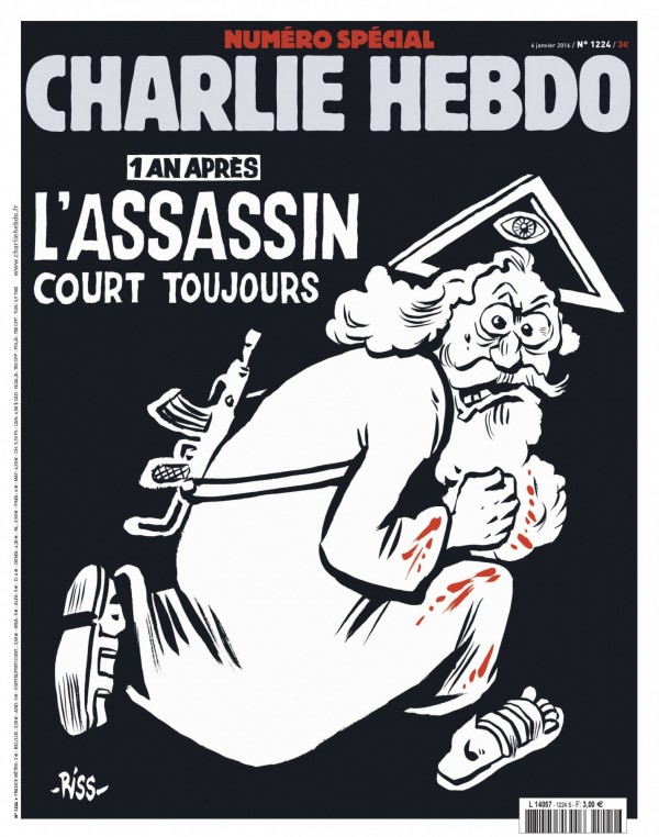 《查理周刊》特刊封面出爐，一名象徵上帝的老人，模樣血跡斑斑，背著突擊步槍，搭配文字：「一年了，兇手仍逍遙法外。」（歐新社）
