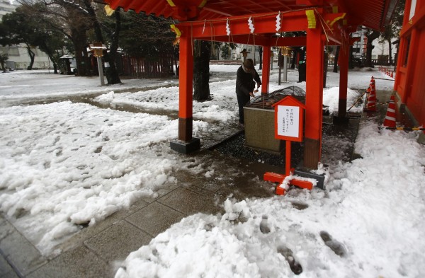 北日本受暴風雪影響，各地積雪，融雪也造成不少行人受傷、車輛打滑。圖為東京花園神社一景。（美聯社）