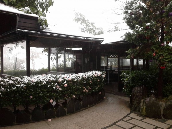 新北市三峽有木山區知名景點－花岩山林花園餐廳，也降下瑞雪。（記者吳仁捷翻攝）