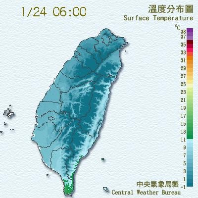 根據中央氣象局的溫度分布圖顯示，全台各地氣溫持續下探，幾乎都在10度以下。（圖取自氣象局）
