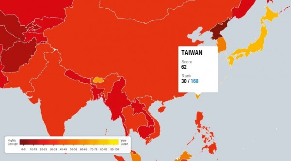 「2015年貪腐印象指數」報告顯示，全球168個國家中，台灣今年以62分排名第30名，比起2014年排名前進5名，但分數僅增加1分而已。（圖擷自國際透明組織）