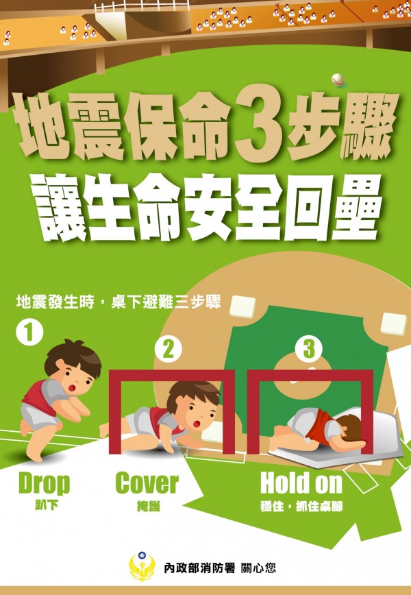 消防署呼籲地震保命3步驟，應躲在桌下避免遭墜落物砸傷。（記者陳薏云翻攝）