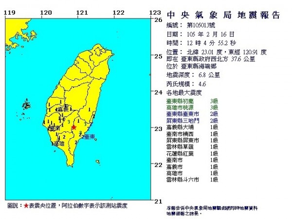 台東海端鄉今天中午12：04發生芮氏規模4.6地震。（氣象局提供）