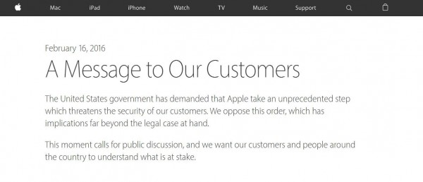 蘋果反對替FBI解鎖手機，「美國政府要求蘋果公司採取史無前例的行為，這將會威脅到我們顧客的安全，我們反對這項命令」（圖片擷取自蘋果官網）