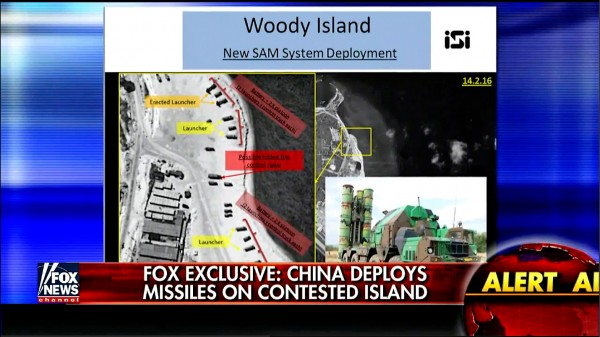 美國福斯新聞網（Fox News）16日獨家報導，民用衛星公司ImageSat International照片顯示，中國已在南海西沙群島的永興島上部署8個地對空飛彈發射架及雷達系統。美國官員向福斯新聞網證實，永興島部署的是紅旗-9（HQ-9）空防系統。（截自福斯新聞網）