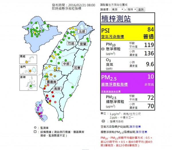 高雄地區多處的細懸浮微粒（PM2.5）目前達到「紫爆」等級。（圖取自行政院環境保護署空氣品質監測網）